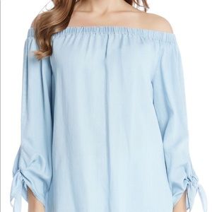 Karen Kane Tie Sleeve Off Shoulder Chambray Top